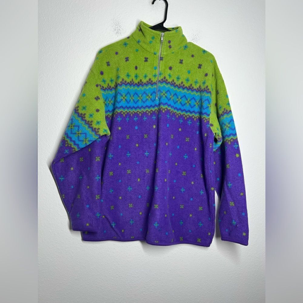 Zzapp Vintage Sweater Womens Medium Yellow Geometric Pattern Fleece Sz L 1/4 Zip